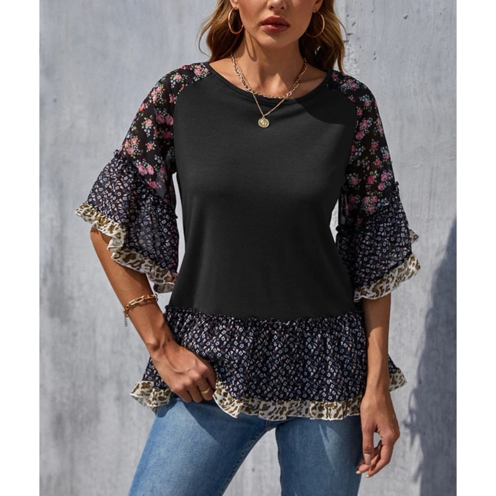 Nwot Mixed Prints Patchwork Ruffle Flutter Sleeve… - image 1